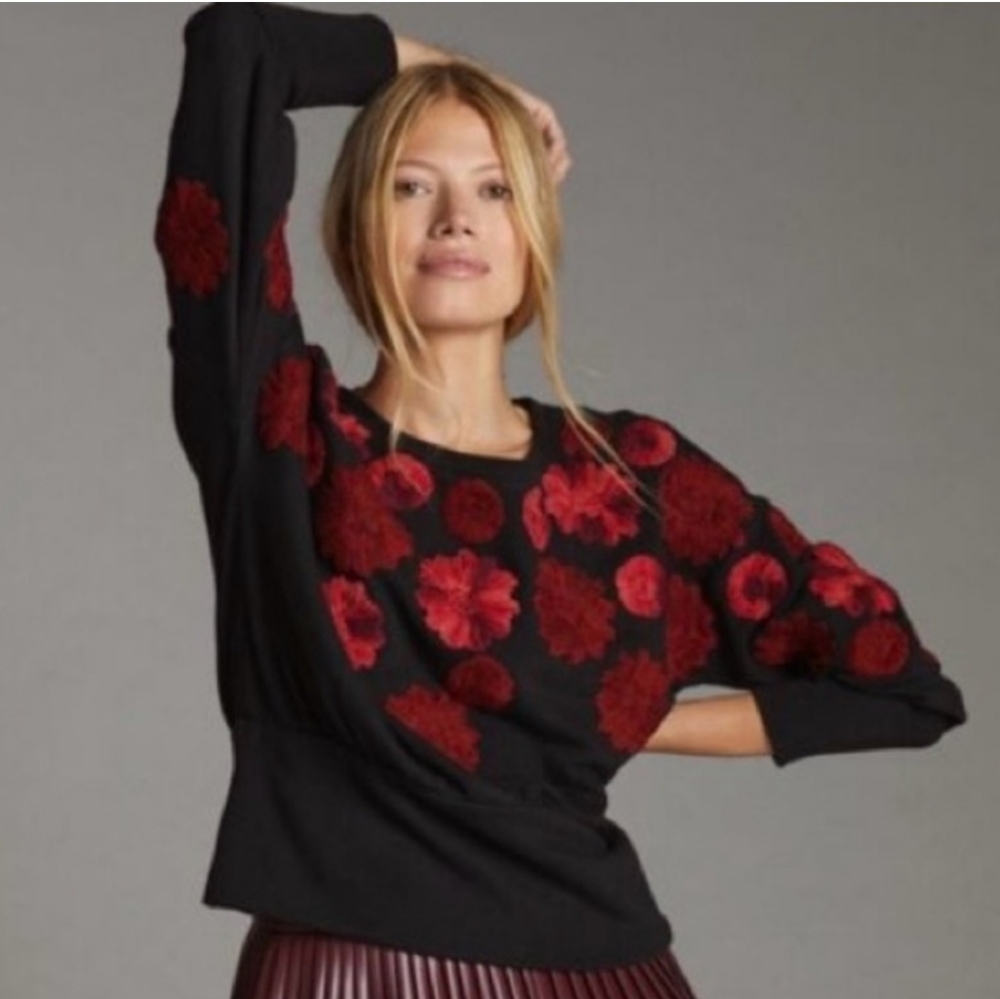 Anthropologie Maeve Black Cotton Pullover Black Sweater Red Floral Embroidery